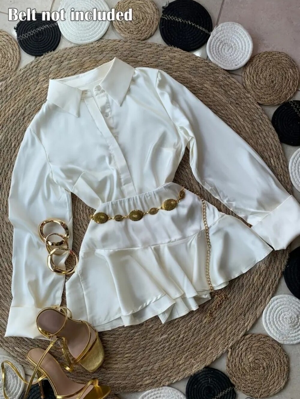 Women Casual Fashion Lapel Solid Color Long Sleeve Shirt And Pleated Short Skirt